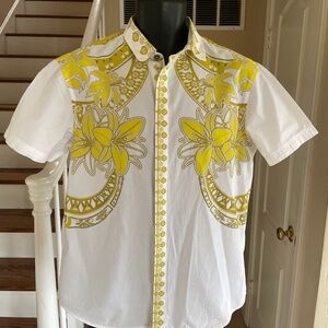 Versace Jeans Short Sleeve Shirt Hidden Button Down White Gold Graphic Design S